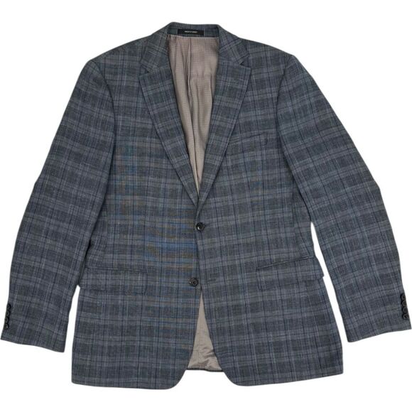 Hugo Boss Men's Wool Linen Silk 2 Button Plaid Blazer Blue/Gray 42L - Picture 1 of 14